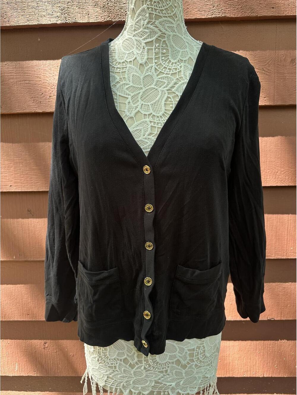 Chaps Classics Black Cotton Button Front Cardigan Minimalist Preppy Office